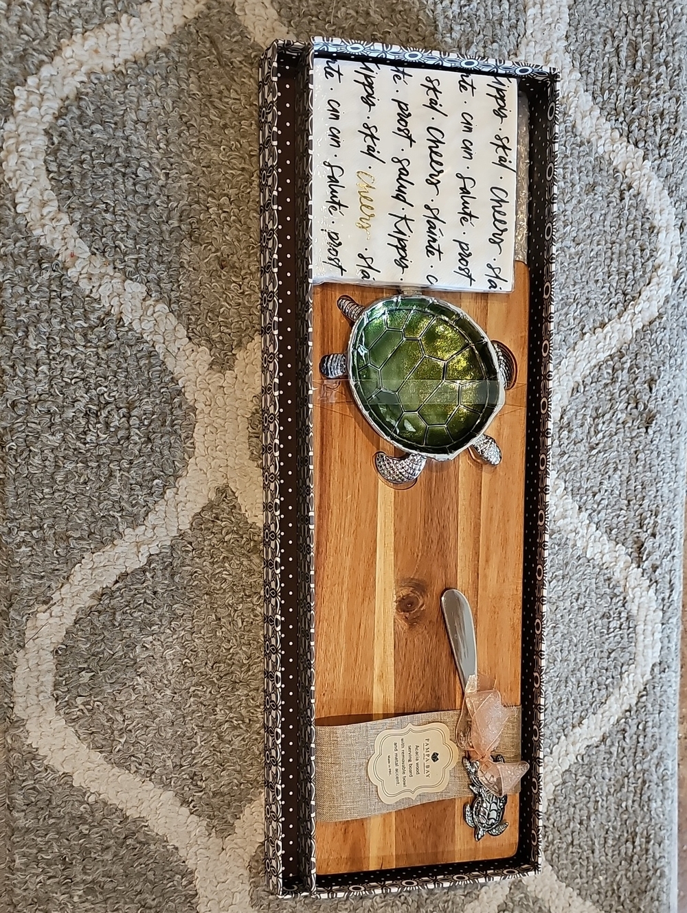 Pampa Bay Acacia Wood Serving Board. Green Turtle Glass Dip Bowl/Spreader
